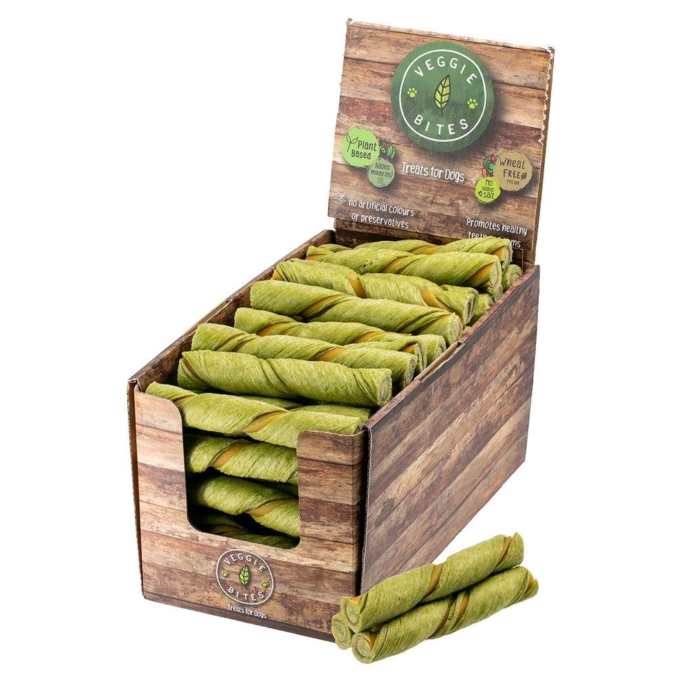 Veggie Bites Dog Treats High In Fibre Gluten and Grain Free Puffed Twists Plant Based Wheat Free Rawhide Free No Added Salt