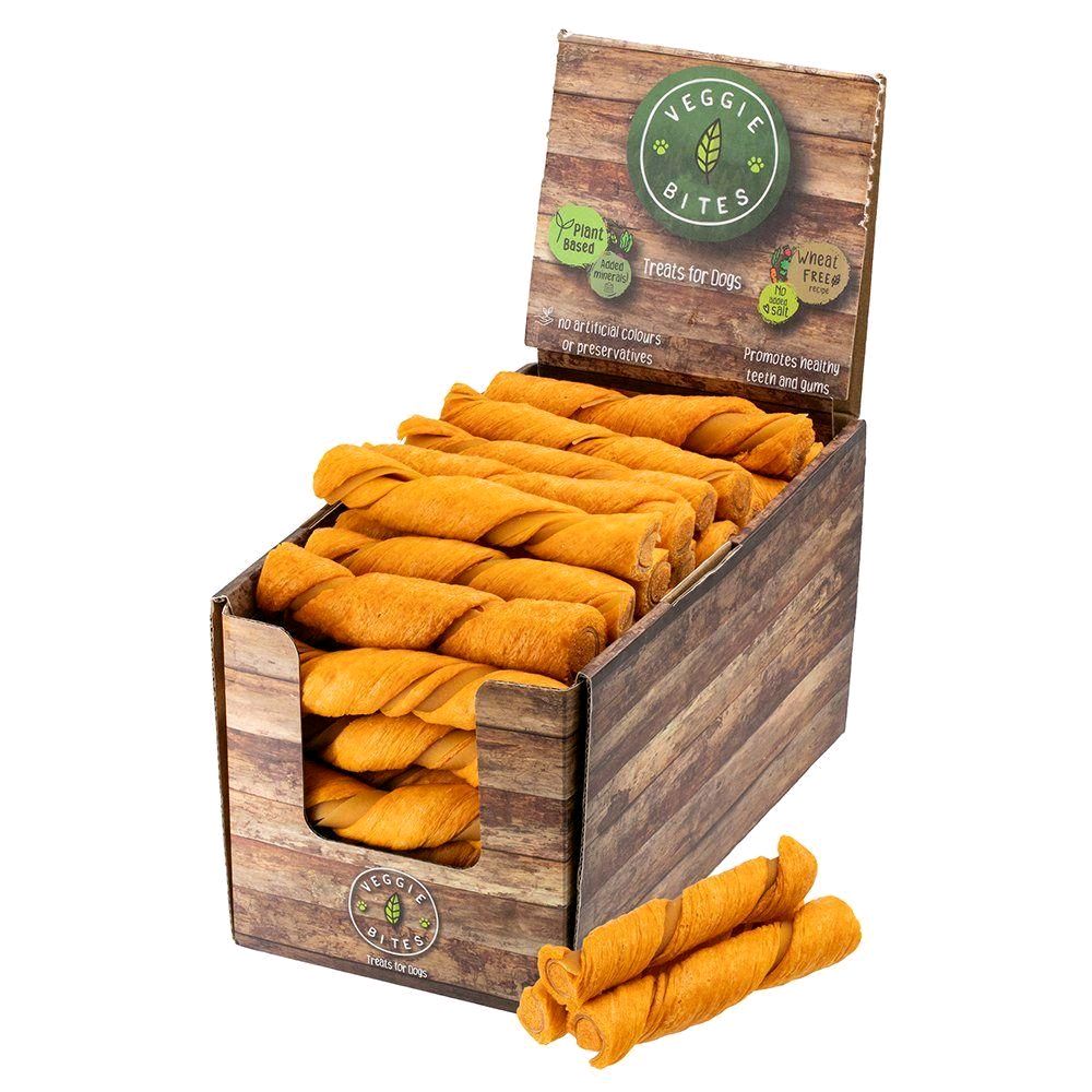 Veggie Bites Dog Treats High In Fibre Gluten and Grain Free Puffed Twists Plant Based Wheat Free Rawhide Free No Added Salt