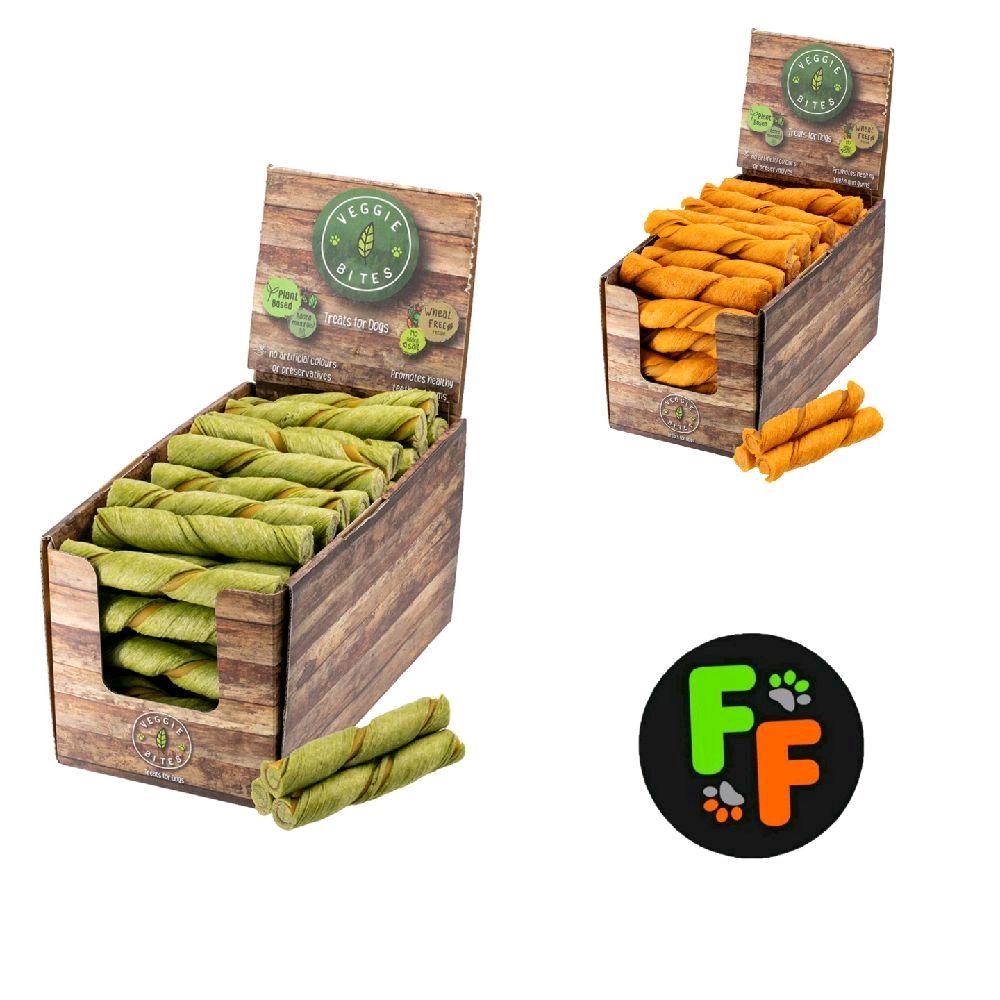 Veggie Bites Dog Treats High In Fibre Gluten and Grain Free Puffed Twists Plant Based Wheat Free Rawhide Free No Added Salt